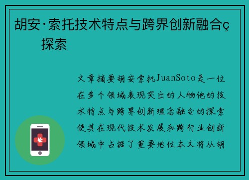 胡安·索托技术特点与跨界创新融合的探索